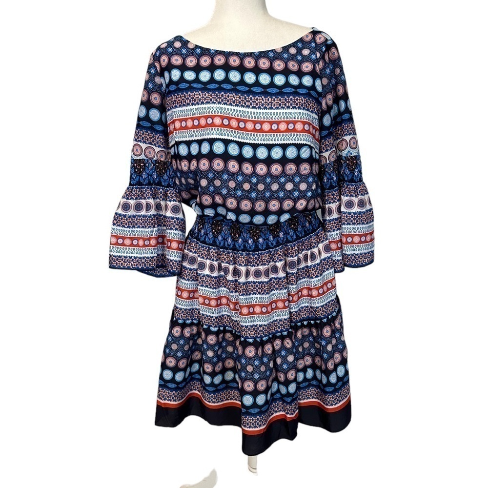 Eliza J Geometric Dress Bell Sleeves Fit Flare Blue Multi‎ Women Size 12